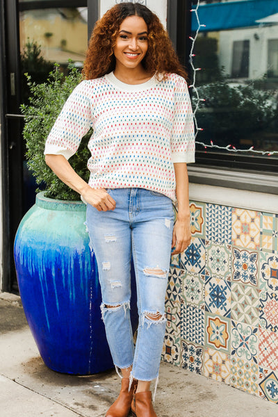 Spread Joy Ivory & Multicolor Jacquard Bubble Sleeve Sweater - Online Only!
