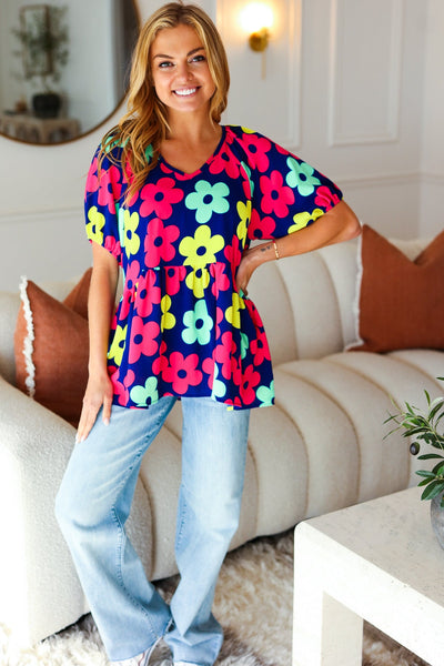Navy Flat Floral Bubble Sleeve Babydoll Raglan Top - Online Only!