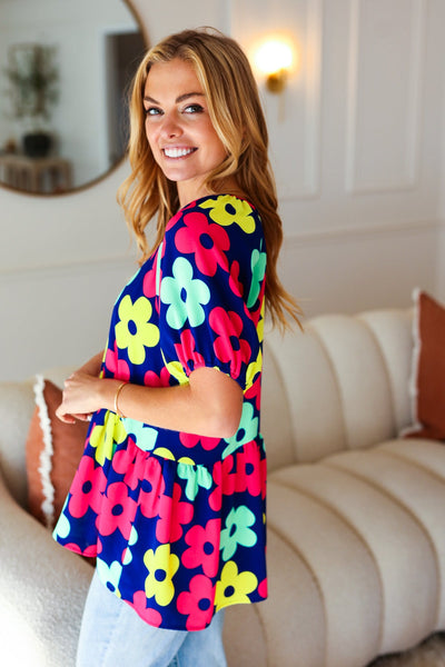 Navy Flat Floral Bubble Sleeve Babydoll Raglan Top - Online Only!