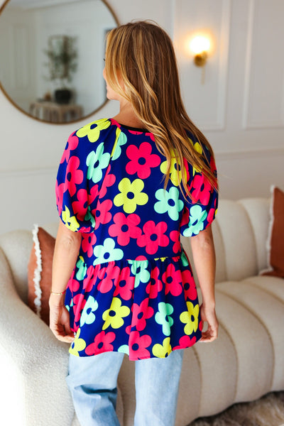 Navy Flat Floral Bubble Sleeve Babydoll Raglan Top - Online Only!