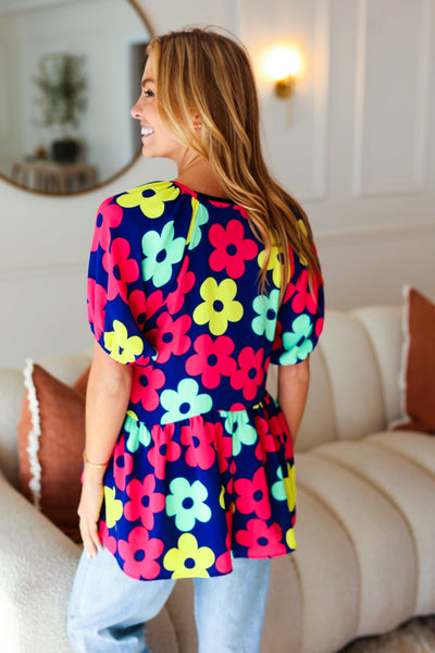 Navy Flat Floral Bubble Sleeve Babydoll Raglan Top - Online Only!