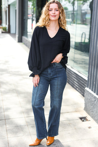 Black Smocked Bubble Sleeve Woven Top - Online Only!