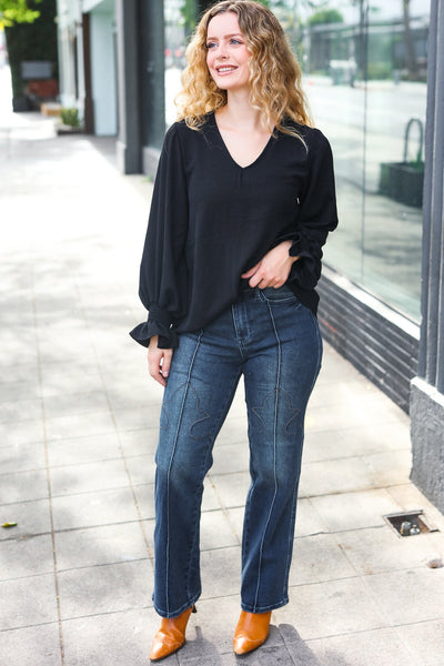 Black Smocked Bubble Sleeve Woven Top - Online Only!
