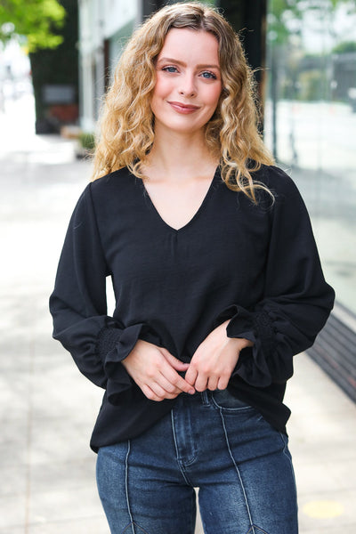 Black Smocked Bubble Sleeve Woven Top - Online Only!