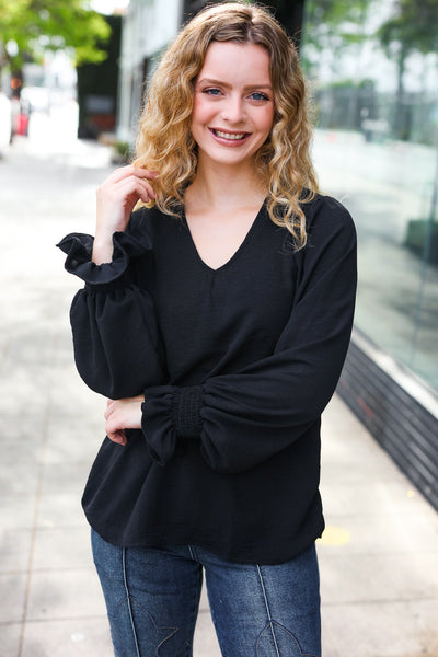Black Smocked Bubble Sleeve Woven Top - Online Only!