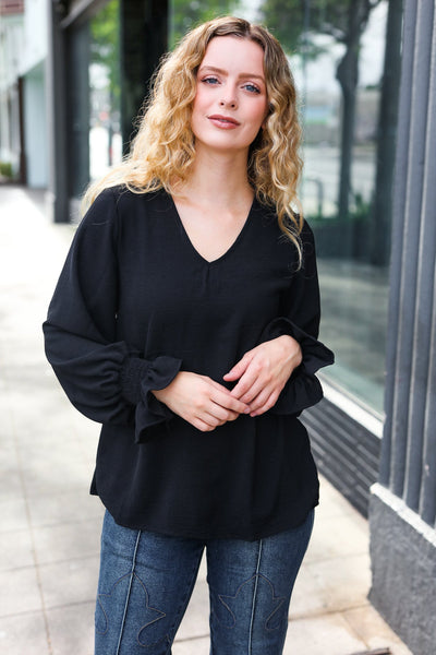 Black Smocked Bubble Sleeve Woven Top - Online Only!