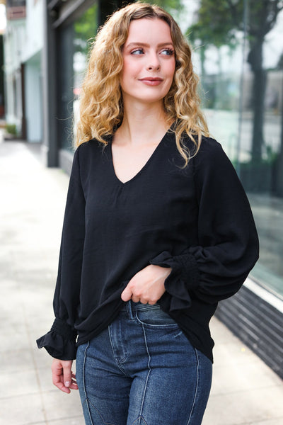 Black Smocked Bubble Sleeve Woven Top - Online Only!