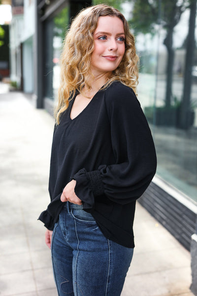 Black Smocked Bubble Sleeve Woven Top - Online Only!