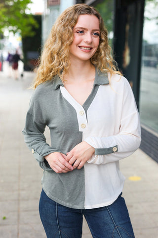 Start Your Day Olive Half & Half Collared Notched Neck Top - Online Only!