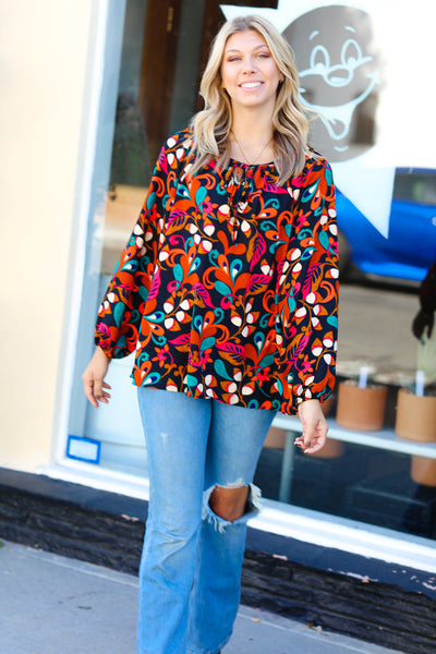 Magenta & Rust Boho Floral Bubble Sleeve Top - Online Only!