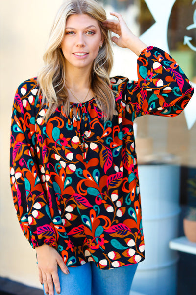 Magenta & Rust Boho Floral Bubble Sleeve Top - Online Only!