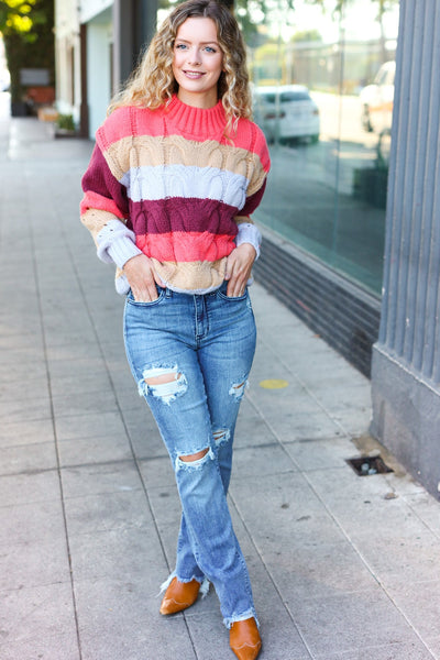 Fall For You Rust Multicolor Stripe Cable Knit Mock Neck Sweater - Online Only!