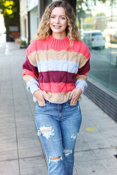 Fall For You Rust Multicolor Stripe Cable Knit Mock Neck Sweater - Online Only!
