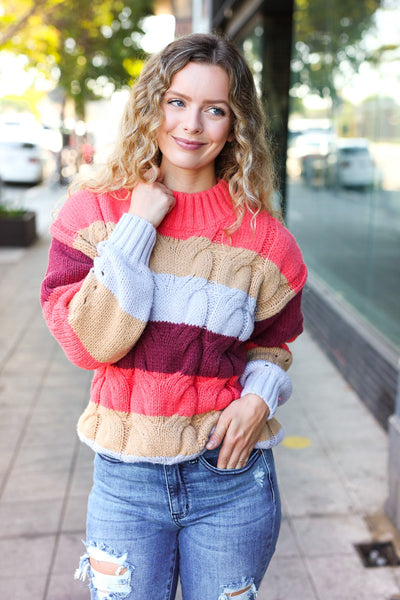Fall For You Rust Multicolor Stripe Cable Knit Mock Neck Sweater - Online Only!