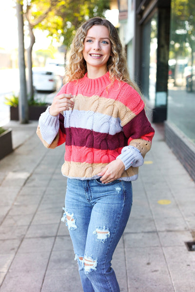 Fall For You Rust Multicolor Stripe Cable Knit Mock Neck Sweater - Online Only!