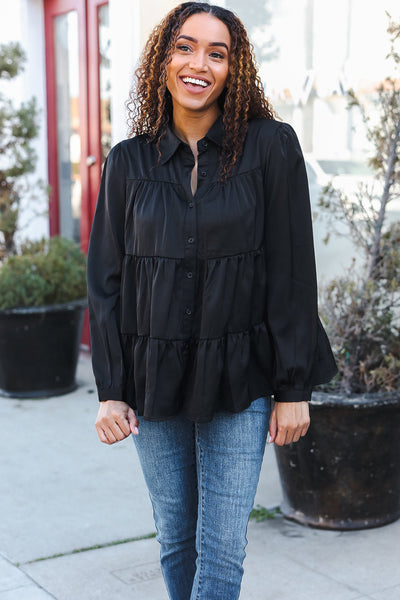 Perfectly You Black Button Down Tiered Babydoll Satin Top - Online Only!