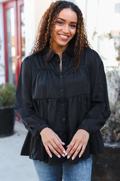 Perfectly You Black Button Down Tiered Babydoll Satin Top - Online Only!
