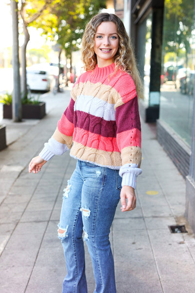 Fall For You Rust Multicolor Stripe Cable Knit Mock Neck Sweater - Online Only!