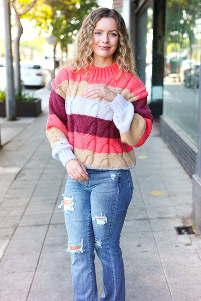 Fall For You Rust Multicolor Stripe Cable Knit Mock Neck Sweater - Online Only!