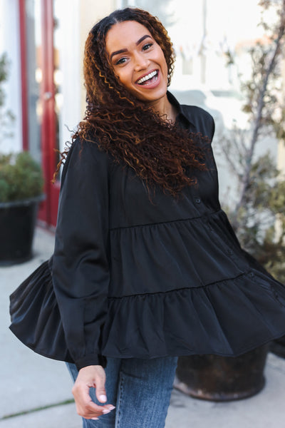 Perfectly You Black Button Down Tiered Babydoll Satin Top - Online Only!
