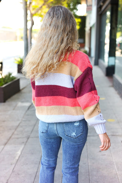 Fall For You Rust Multicolor Stripe Cable Knit Mock Neck Sweater - Online Only!