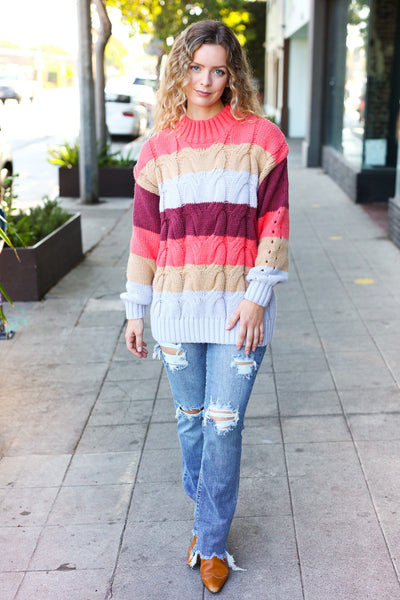 Fall For You Rust Multicolor Stripe Cable Knit Mock Neck Sweater - Online Only!