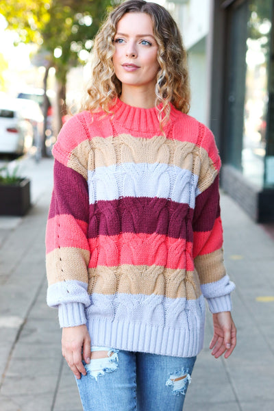 Fall For You Rust Multicolor Stripe Cable Knit Mock Neck Sweater - Online Only!