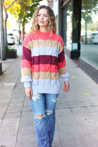 Fall For You Rust Multicolor Stripe Cable Knit Mock Neck Sweater - Online Only!