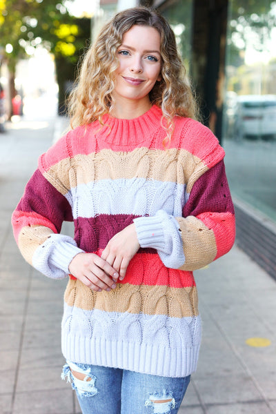Fall For You Rust Multicolor Stripe Cable Knit Mock Neck Sweater - Online Only!
