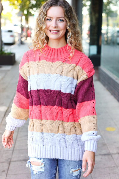 Fall For You Rust Multicolor Stripe Cable Knit Mock Neck Sweater - Online Only!