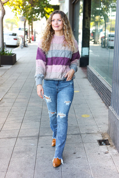 Fall For You Mauve Multicolor Stripe Cable Knit Mock Neck Sweater - Online Only!