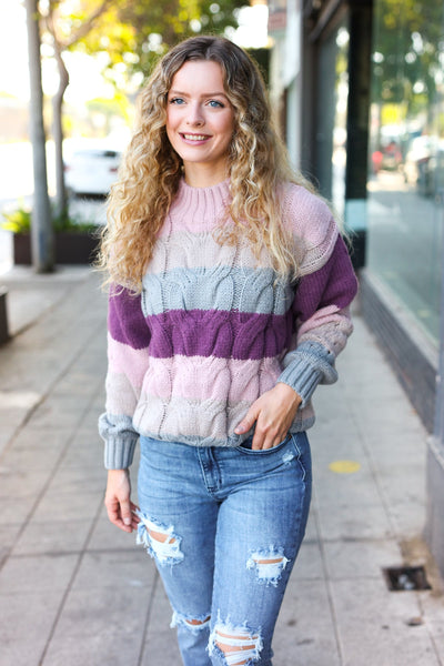 Fall For You Mauve Multicolor Stripe Cable Knit Mock Neck Sweater - Online Only!