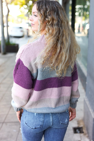 Fall For You Mauve Multicolor Stripe Cable Knit Mock Neck Sweater - Online Only!