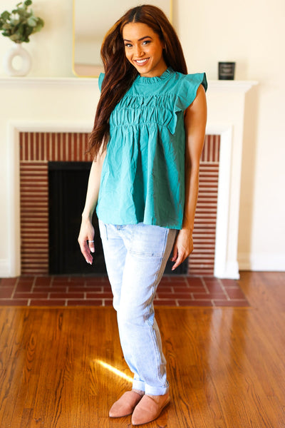 Love Life Cotton Turquoise Frill Mock Neck Flutter Sleeve Top - Online Only!