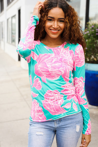 Find Love Aqua/Pink Fitted Floral Print Buttery Soft Knit Top - Online Only!
