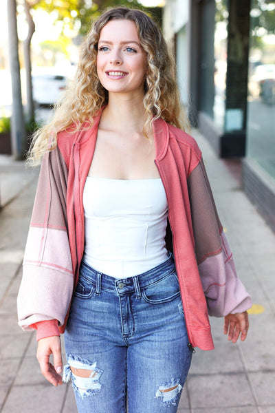 Boldy You Camel Dolman Sleeve Colorblock Knit Bomber Jacket - Online Only!