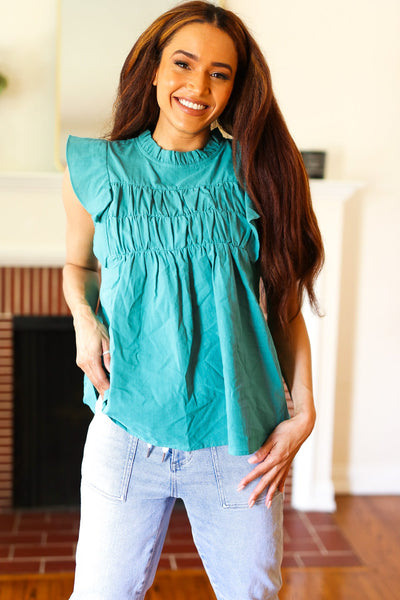 Love Life Cotton Turquoise Frill Mock Neck Flutter Sleeve Top - Online Only!