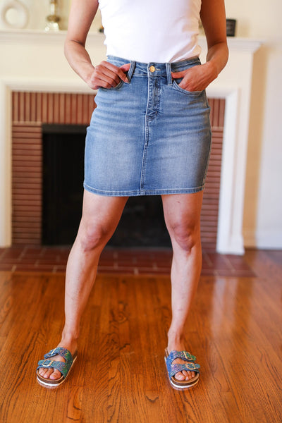 Judy Blue Medium Wash High Rise Tummy Control Denim Skirt - Online Only!
