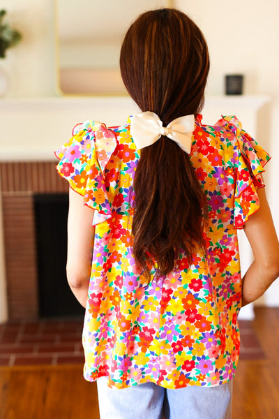 Flower Power Ivory & Red Floral Mock Neck Flutter Sleeve Top - Online Only!