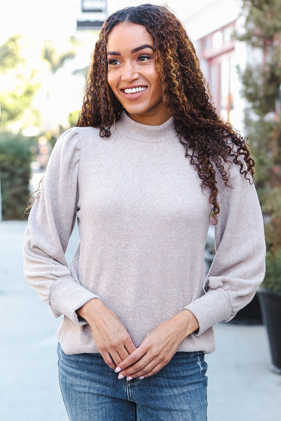 Stay Awhile Taupe Brushed Melange Puff Short Sleeve Sweater - Online Only!