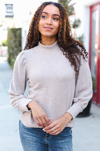 Stay Awhile Taupe Brushed Melange Puff Short Sleeve Sweater - Online Only!