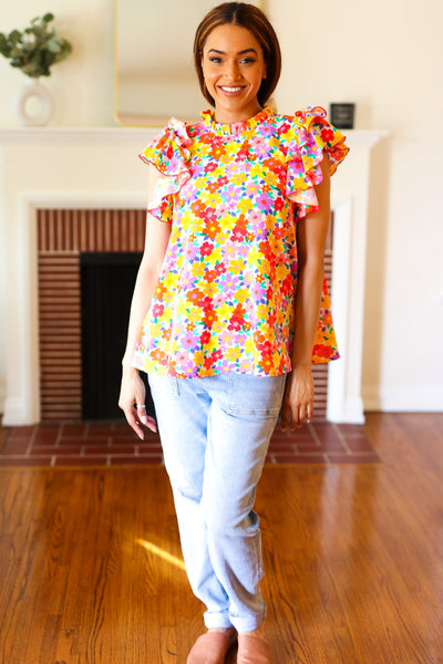 Flower Power Ivory & Red Floral Mock Neck Flutter Sleeve Top - Online Only!