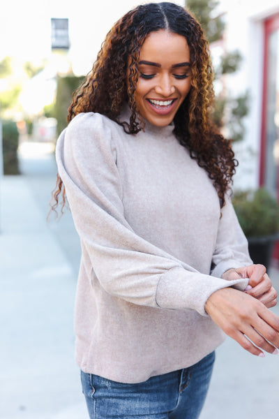 Stay Awhile Taupe Brushed Melange Puff Short Sleeve Sweater - Online Only!