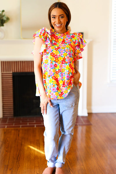 Flower Power Ivory & Red Floral Mock Neck Flutter Sleeve Top - Online Only!