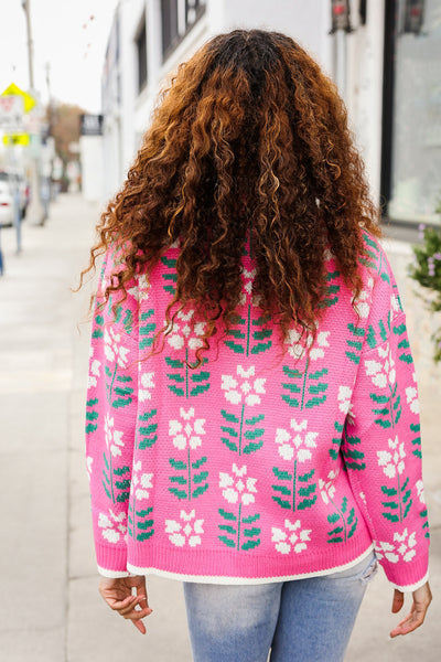 All For Love Fuchsia Flower Print Button Down Knit Cardigan - Online Only!