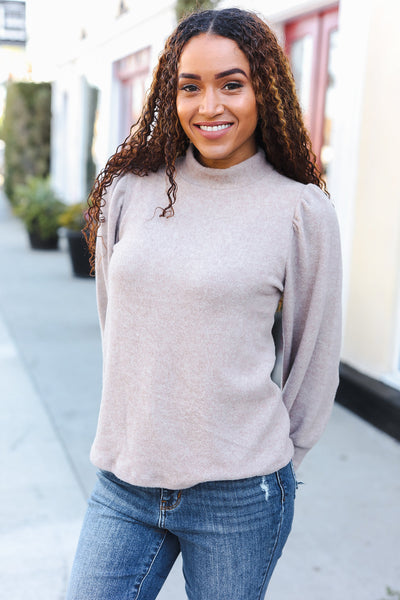 Stay Awhile Taupe Brushed Melange Puff Short Sleeve Sweater - Online Only!