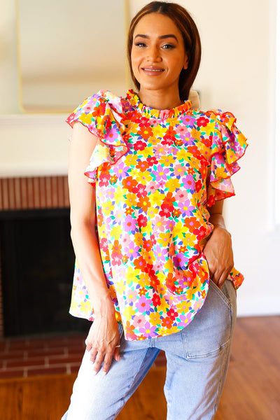 Flower Power Ivory & Red Floral Mock Neck Flutter Sleeve Top - Online Only!
