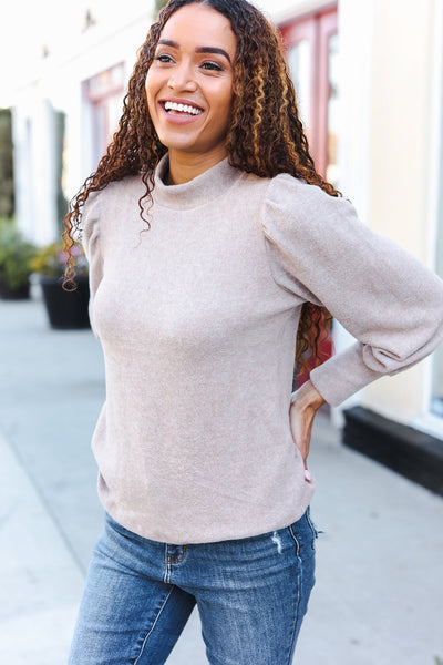 Stay Awhile Taupe Brushed Melange Puff Short Sleeve Sweater - Online Only!