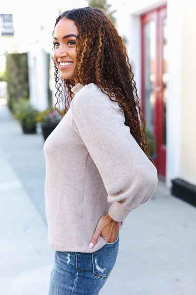 Stay Awhile Taupe Brushed Melange Puff Short Sleeve Sweater - Online Only!