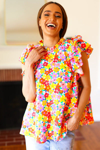 Flower Power Ivory & Red Floral Mock Neck Flutter Sleeve Top - Online Only!